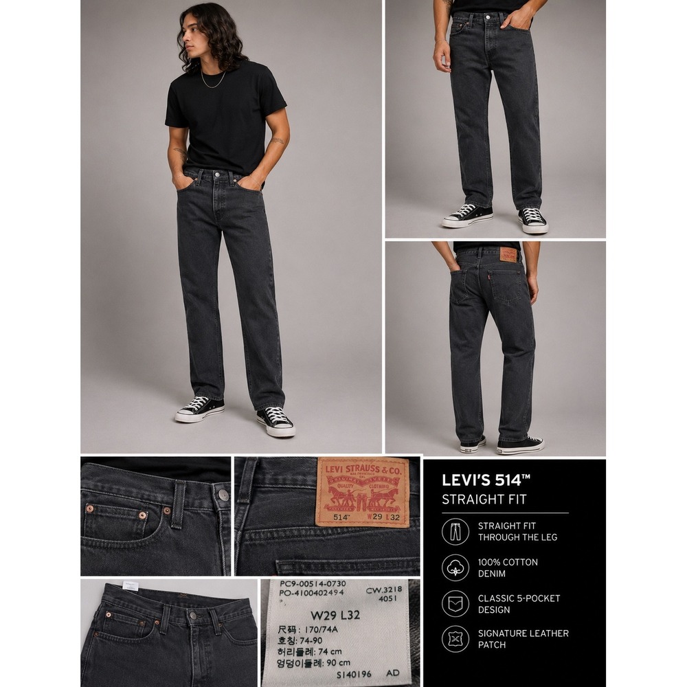 Levis‎ 514 Mens Straight Fit Jeans Black Faded Denim 30x31 00514-0730 Cotton